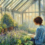 温室で物語を読む女性